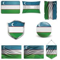 Set of the national flag of Uzbekistan in different designs on a white background. Realistic vector illustration.