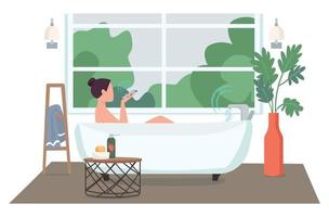 Woman in automated bathroom flat color vector faceless character. Young lady with smartphone taking bath. Smart home technology control cartoon illustration for web graphic design and animation