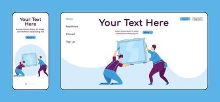 Hanging mirror adaptive landing page flat color vector template. Interior decorating mobile and PC homepage layout. Repairman one page website UI. Home repairs webpage cross platform design