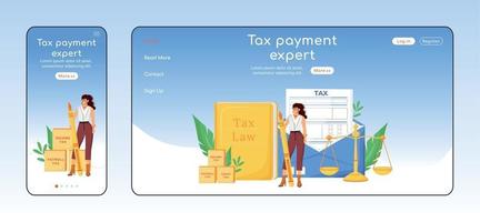 Tax payment expert adaptive landing page flat color vector template. Financial consultancy mobile and PC homepage layout. Economist service one page website UI. Webpage cross platform design