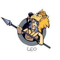 Ilustración de vector de dibujos animados plana de hombre de signo del zodiaco Leo. personalidad del símbolo astrológico, hombre de las cavernas en piel de león con lanza. carácter 2d listo para usar para diseño comercial, de impresión. icono de concepto aislado