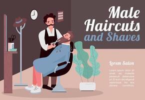 Male haircuts and shaves banner flat vector template. Brochure, poster concept design with cartoon characters. Man hairstylist cut and trim beard horizontal flyer, leaflet with place for text