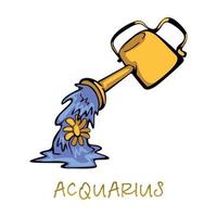 Aquarius zodiac sign accessory flat cartoon vector illustration. Watering can and growing flower object. Astrological horoscope celestial symbol, air sign. Isolated hand drawn item