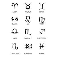 Conjunto de ilustraciones vectoriales negras de doce signos del zodíaco. símbolos celestiales con nombres para horóscopo. piscis, aries, libra signos de silueta astrológica. virgo, escorpio símbolos glifo paquete de iconos