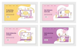 Digital advertising landing page flat silhouette vector template set. Marketing technology homepage layout. Branding one page website interface with cartoon outline character. Web banner, webpage