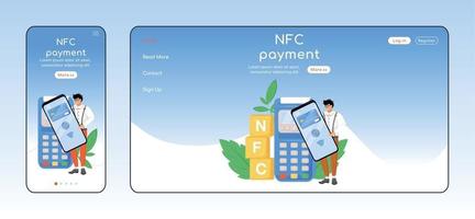 nfc pago plantilla de vector de color plano de página de destino adaptable. Transacción sin contacto diseño de página de inicio de PC y móvil. fintech sitio web de una página ui. diseño multiplataforma de la página web de la aplicación de pago electrónico