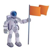 Cosmonaut with flag cartoon vector illustration. Astronaut in spacesuit, spaceman holding pennant. Ready to use 2d character template for commercial, animation, printing design. Isolated comic hero