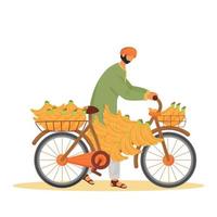 macho indio llevando plátanos en bicicleta color plano vector personaje sin rostro. Proveedor de frutas exóticas, hombre con ciclo aislado ilustración de dibujos animados para diseño gráfico y animación web