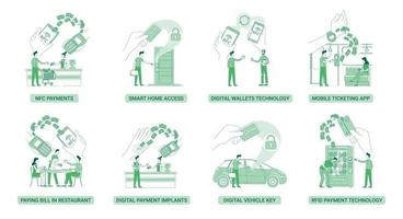 tecnologías nfc, pagos rfid benefician el conjunto de ilustraciones vectoriales de silueta plana. las personas con dispositivos inteligentes describen personajes sobre fondo blanco. paquete de dibujos de estilo simple de sistemas de pago electrónico vector