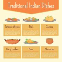 Indian dishes flat color vector informational infographic template. Meal recipes poster, booklet, PPT page concept design with cartoon characters. Menu advertising flyer, leaflet, info banner idea