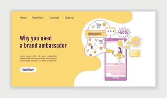 Brand ambassador landing page flat silhouette vector template. Social media marketing homepage layout. Influencer service one page website interface with cartoon outline character. Web banner, webpage