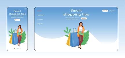 Smart shopping tips adaptive landing page flat color vector template. Customer help mobile and PC homepage layout. Money saving advice one page website UI. Consumerism webpage cross platform design