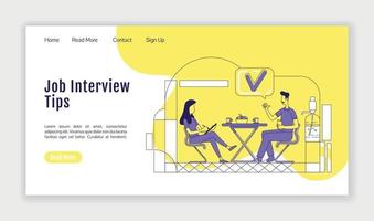 Job interview tips landing page flat silhouette vector template. Work search advice homepage layout. Self presentation one page website interface with cartoon outline character. Web banner, webpage