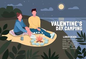 Plantilla de vector plano de banner de camping de día de San Valentín. folleto, diseño de concepto de cartel con personajes de dibujos animados. Par asar malvaviscos en la playa folleto horizontal, folleto con lugar para el texto