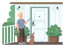 Guy using smart home security flat color vector faceless character. Man controlling automated locks and surveillance cameras. IOT isolated cartoon illustration for web graphic design and animation