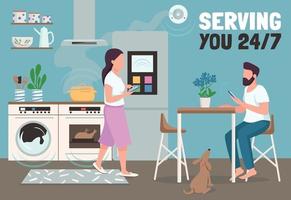 Serving you 24 hours banner flat vector template. Modern home automation brochure, poster concept design with cartoon characters. Smart kitchen horizontal flyer, leaflet with place for text