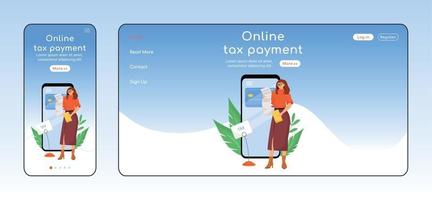 Online tax payment adaptive landing page flat color vector template. E commerce mobile and PC homepage layout. Utility services one page website UI. E payment app webpage cross platform design