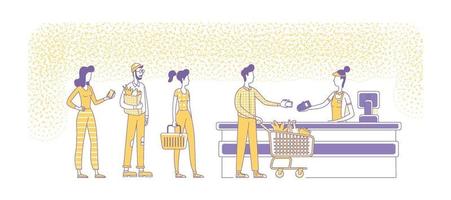 Mobile payments at supermarket checkout flat silhouette vector illustration. People standing in queue, seller and buyers outline characters on white background. NFC, cashless pay simple style drawing
