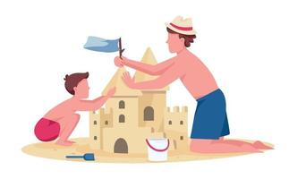 padre e hijo construyendo castillos de arena personajes sin rostro vectoriales de color plano. entretenimiento familiar de verano en la playa ilustración de dibujos animados aislados para diseño gráfico y animación web vector