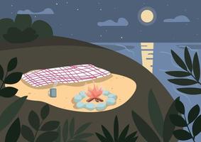 manta y hoguera en la ilustración de vector de color plano de la orilla del mar. picnic en la playa por la noche. camping de verano, vacaciones en la naturaleza. paisaje de dibujos animados 2d de la costa de la tarde con luz de luna en el fondo