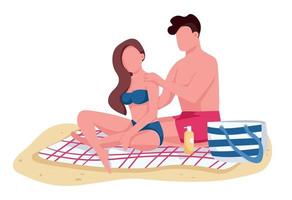 pareja aplicando aceite protector solar en la playa personajes sin rostro vectoriales de color plano. novio y novia tomando el sol ilustración de dibujos animados aislados para diseño gráfico web y animación vector