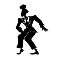 hombre cómico en traje retro silueta negra ilustración vectorial. persona del sexo masculino en pose de boogie woogie. tipo antiguo con peinado de los años 50 en forma de personaje de dibujos animados 2d para comerciales, animación, impresión vector