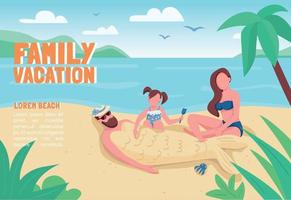 Plantilla de vector plano de banner de vacaciones familiares. folleto, diseño de concepto de cartel con personajes de dibujos animados. padres con recreación infantil en la playa volante horizontal, folleto con lugar para el texto