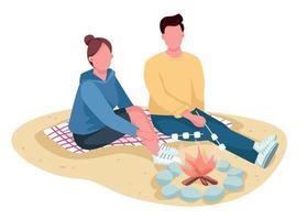 Couple roasting marshmallow on beach flat color vector faceless characters. Summer outing. Boyfriend and girlfriend at picnic isolated cartoon illustration for web graphic design and animation