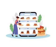 Online cakes ordering flat concept vector illustration. Female cook, pastry chef 2D cartoon character for web design. Sweet bakery order and delivery internet service creative idea