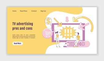 TV advertising pros and cons landing page flat silhouette vector template. Digital marketing homepage layout. Video ads one page website interface with cartoon outline character. Web banner, webpage