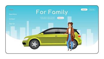 For family landing page flat color vector template. Automobile dealership service homepage layout. Car sale one page website interface with cartoon character. Spacious hatchback web banner, webpage