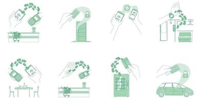 Electronic payments and keycards thin line concept vector illustrations set. People using smart devices 2D cartoon characters for web design. NFC technologies, money transactions creative ideas