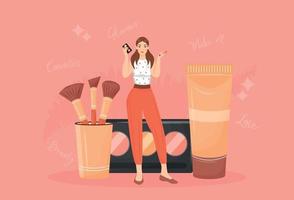 Make up artist flat concept vector illustration. Woman with eyeshadow palette and brushes 2D cartoon character for web design. Makeup tutorial, cosmetics products store creative idea