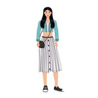 Young woman in trendy outfit flat color vector faceless character. Girl wearing stylish modern clothes isolated cartoon illustration for web graphic design and animation. Female fashion model