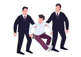 Security with troublemaker flat color vector faceless characters. Casino guardians in black suits walk off fraud. Loser with empty pockets resists agents. Felony isolated cartoon illustration