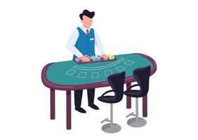 Dealer flat color vector faceless character. Man in uniform count stack of chips. Blackjack desk. Counter with layout for card deck. Croupier behind green table isolated cartoon illustration