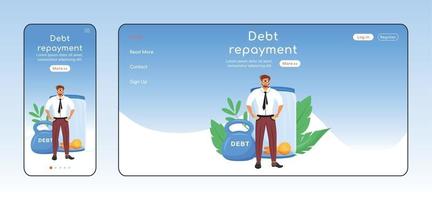 Debt repayment adaptive landing page flat color vector template. Taxes evasion mobile and PC homepage layout. Financial problem one page website UI. Economic burden webpage cross platform design