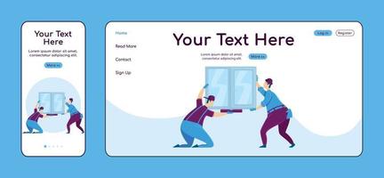 instalación de ventana plantilla de vector de color plano de página de destino adaptable. Handyworkers diseño de página de inicio para móvil y pc. mejora de la casa una página web ui. reparaciones del hogar página web diseño multiplataforma