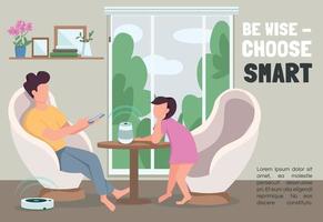 Be wise, choose smart banner flat vector template. Internet of things brochure, poster concept design with cartoon characters. Interactive home devices horizontal flyer, leaflet with place for text