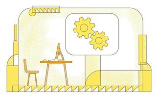 Directors office flat silhouette vector illustration. Executive manager, company CEO workplace contour composition on yellow background. Empty workspace and gears simple style drawing