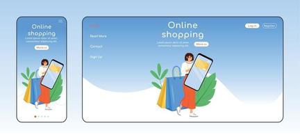 Online shopping adaptive landing page flat color vector template. Internet store mobile and PC homepage layout. Marketplace one page website UI. E commerce webpage cross platform design