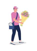 Smiling caucasian courier with bouquet flat color vector detailed character