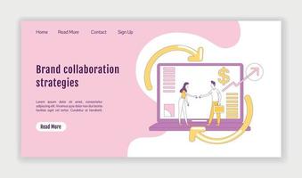 Brand collaboration strategies landing page flat silhouette vector template. Affiliate marketing homepage layout. One page website interface with cartoon outline character. Web banner, webpage