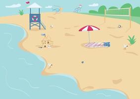 Sand beach flat color vector illustration. Blanket with sun umbrella, lifeguard tower and volleyball net. Summer vacation, recreation. Seacoast 2D cartoon landscape with water on background