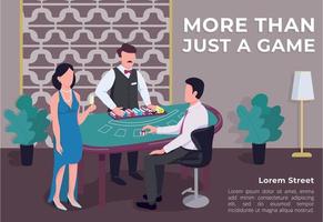 More than just a game poster flat vector template. Man and woman near blackjack table. Croupier count chips. Brochure, booklet one page concept design with cartoon characters. Casino flyer, leaflet