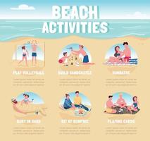 Plantilla de infografía informativa de vector de color plano de actividades de playa. cartel de recreación de verano, folleto, diseño de concepto de página ppt con personajes de dibujos animados. folleto publicitario, folleto, idea de banner de información.