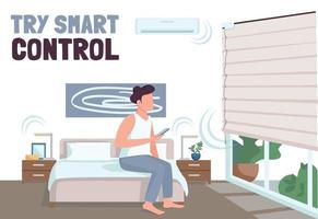 Try smart control banner flat vector template. IOT technology brochure, poster concept design with cartoon characters. Modern home automation horizontal flyer, leaflet with place for text