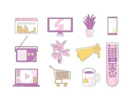 Purple and yellow linear objects set. Brand advertising, marketing thin line symbols pack. Electronic devices, houseplants, tea cup, cart and webpage isolated outline illustrations on white background vector