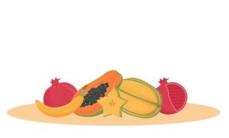 Ilustración de vector de dibujos animados de frutas exóticas. postre indio tradicional, objeto de color plano de alimentos orgánicos. Papaya, plátano, carambola variedad de frutas tropicales aislado sobre fondo blanco.