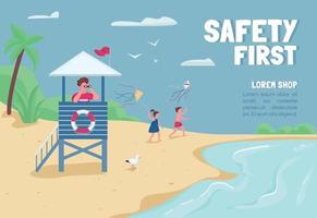 Safety first banner flat vector template. Brochure, poster concept design with cartoon characters. Tropical sand beach lifeguard in tower horizontal flyer, leaflet with place for text